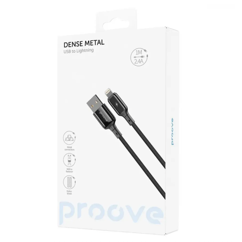 USB To Lightning PROOVE Dense Metal Uzlādes (2.4A) Kabelis Pītais 1M Melns